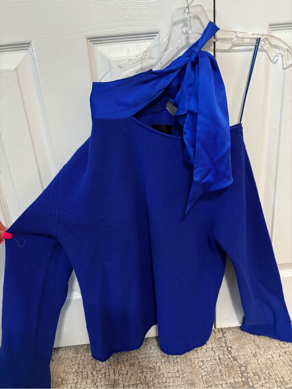 RTA cashmere Women’s One-Shoulder Royal Blue Sweater with Satin Tie L